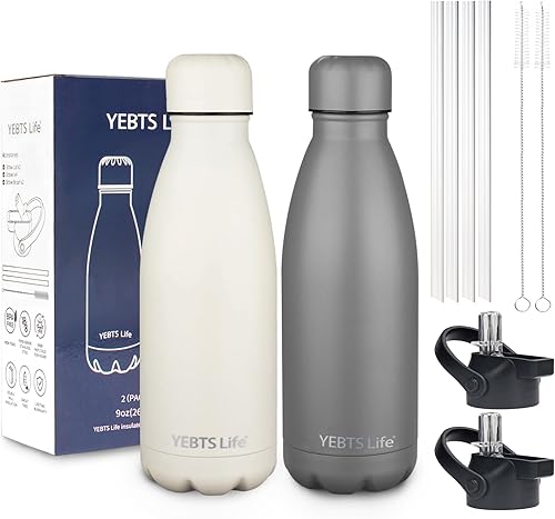 Miniatura 33 de Botella de agua aislada, paquete de 2 botellas de agua de acero inoxidable de 12 onzas con tapa con pajilla, botellas de agua deportivas de metal