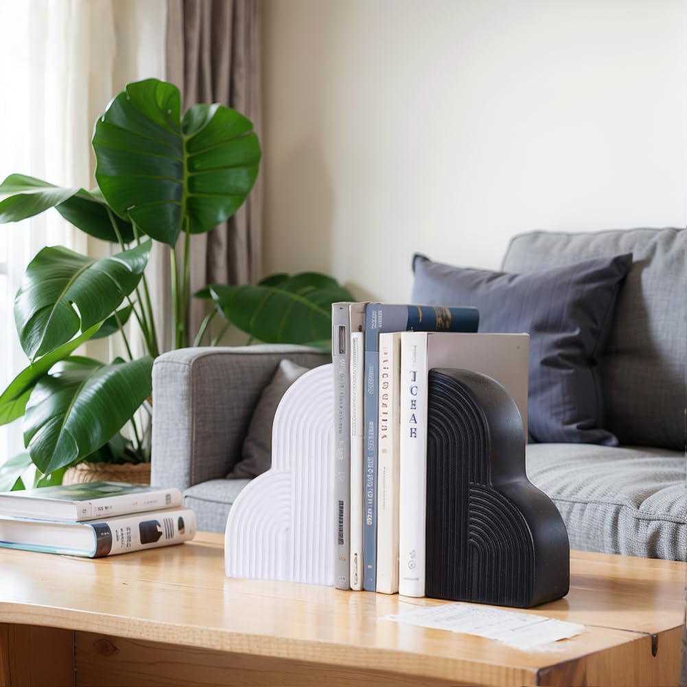 Black and White Decorative Bookends for Shelves Set of 2 – Heavy Duty Resin Book Ends, Modern Minimalist Geometric Book Stoppers for Heavy Books, Boho Aesthetic Shelf Decor for Home, Office, Library