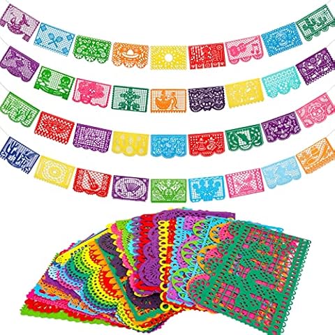 Qpout 4 Stück Mexikanische Fiesta Party Filzbanner Cinco de Mayo Fiesta Banner Dia De Los Muertos Tag der Toten Fiesta Papel Picado Hängebanner Cino de Mayo Party Dekorationen 4 Verschiedene Designs Cover