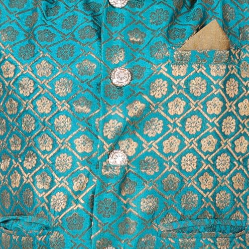 Image of Superminis Boy's Cottton Kurta Cotton Brocade Printed With Golden Thread Work Nehru Jacket and Elastic Closure Pyjama Set