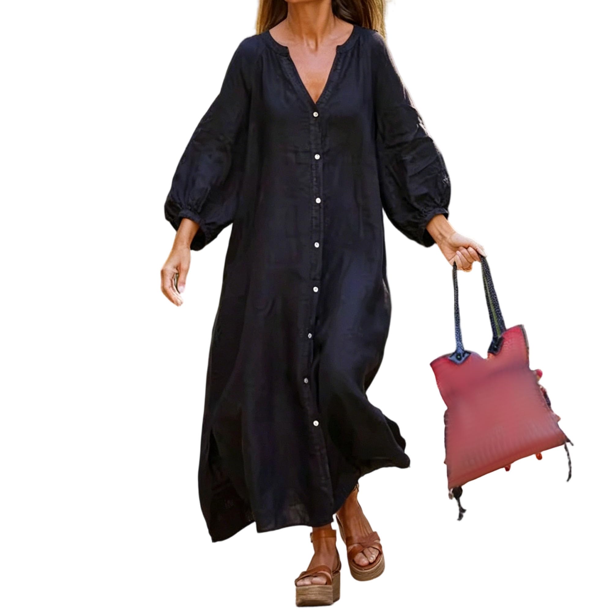 Vestido Largo De Mujer De Algodón Y Lino con Botones, Mangas Farol, Abertura Lateral, Vestido Playero Holgado con Bolsillos. Black XX-Large
