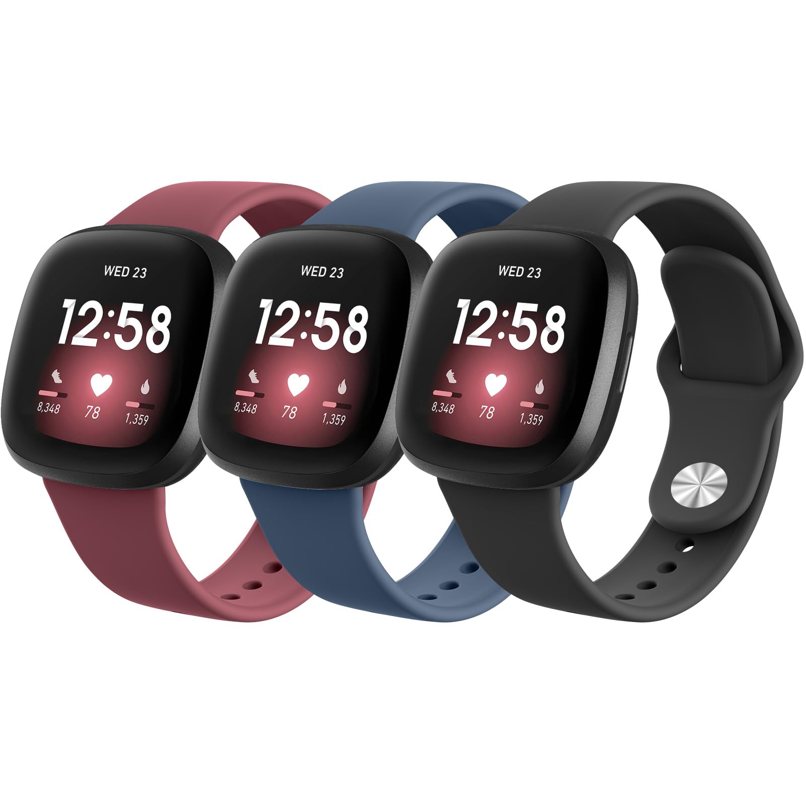 Tobfit Silicone Band for Fitbit Versa 3 4 Fitness Tracker, Soft Sport Strap for Fitbit Sense/Sense 2 Watch, Wristband with Metal Buckle for Men Women (3 Pack)