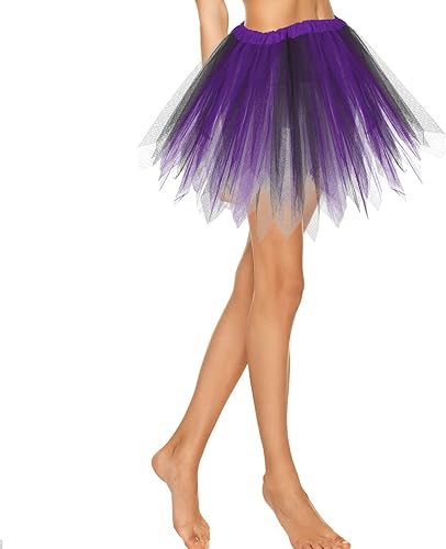 Lusofie Falda tutú para mujeres adultas clásica elástica de 3 capas tutú de tul faldas de ballet faldas de baile de princesa morado y negro Púrpura