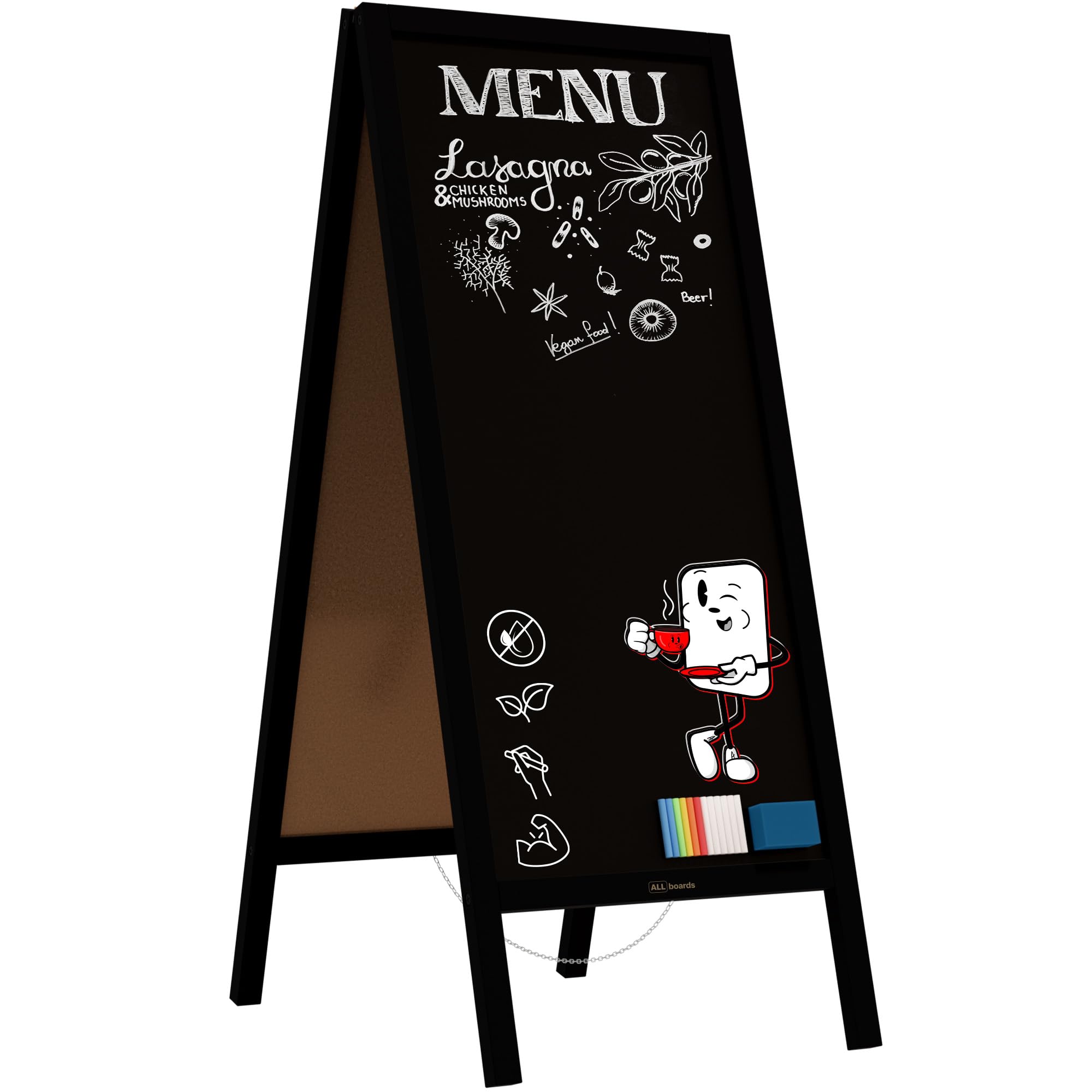 ALLboards Stopper per clienti con telaio in legno nero 150 x 61 cm, lavagna pubblicitaria, espositore per marciapiedi, cavaliere stradale, gesso