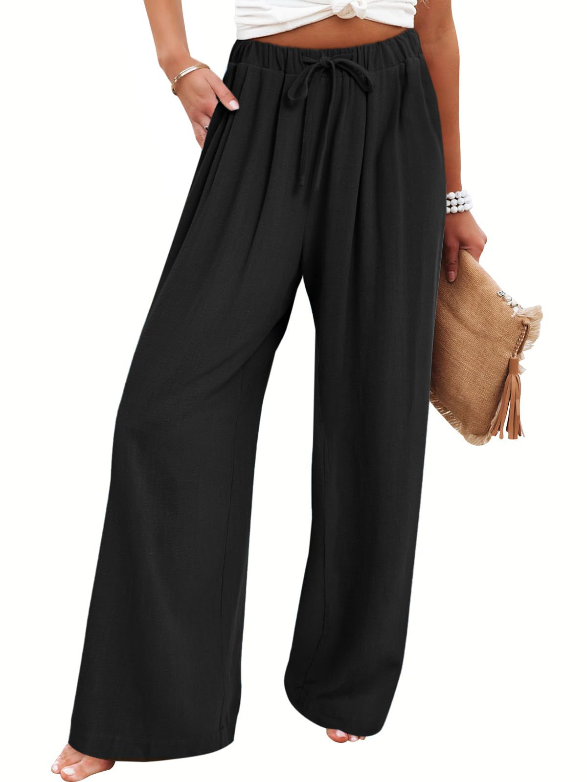 Bloggerlove Linen Palazzo Pants for Women Dressy Summer Wide Leg Flowy Pants Boho Linen Beach Trousers with Pockets