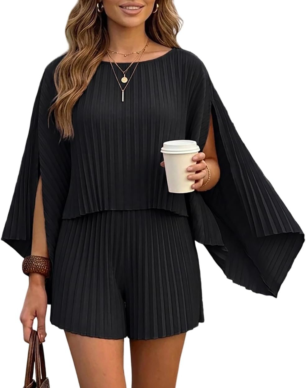 CHICME Pleated 3 Piece Outfits for Women Off Shoulder Cape Top & High Waist Wide Leg Shorts Casual Sets Vacation Outfit