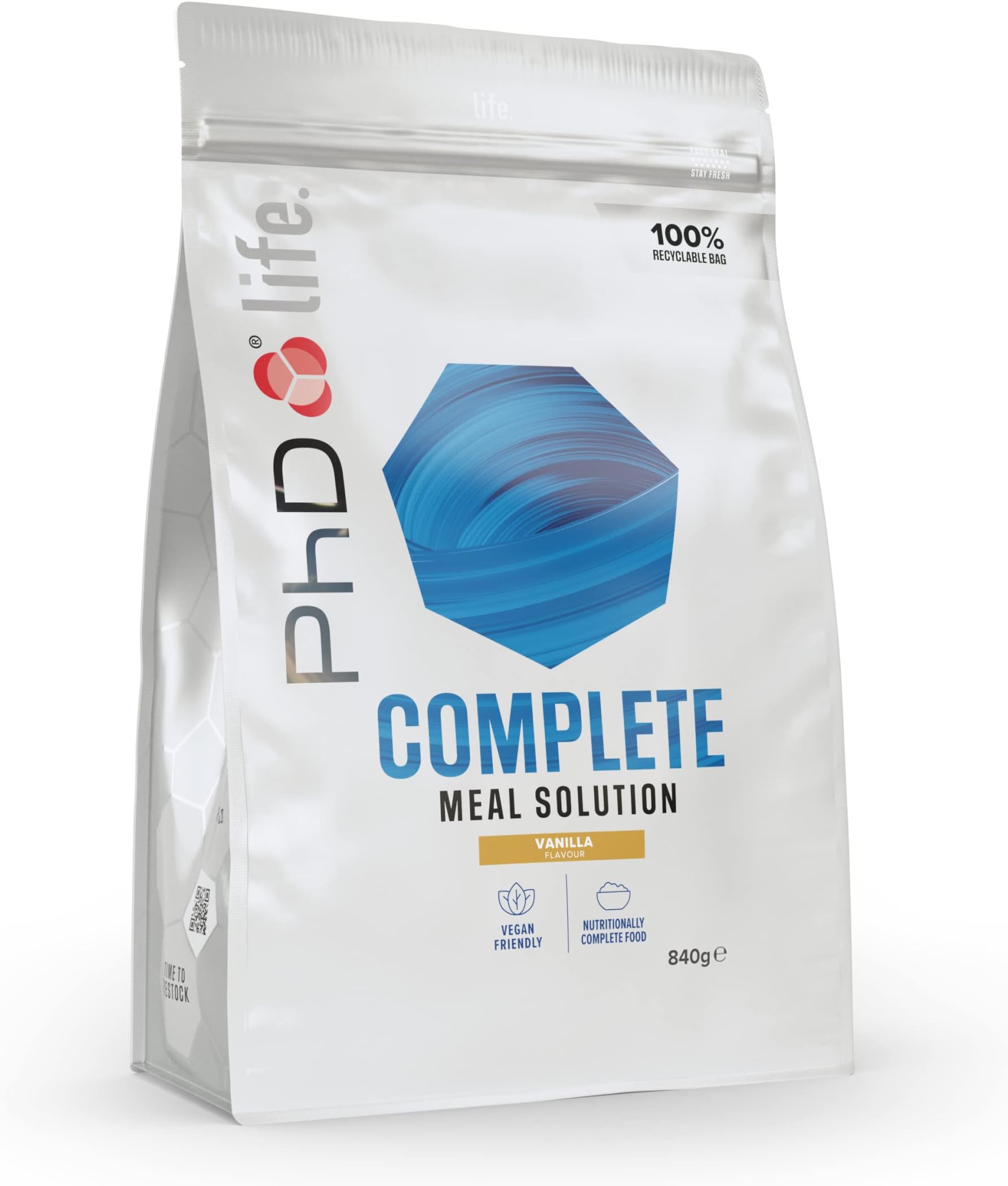 PhD Nutrition Life Complete Meal Solution Vegan Protein Powder, Meal Replacement Protein Powder, Vanilla Flavour, 840 g Bag