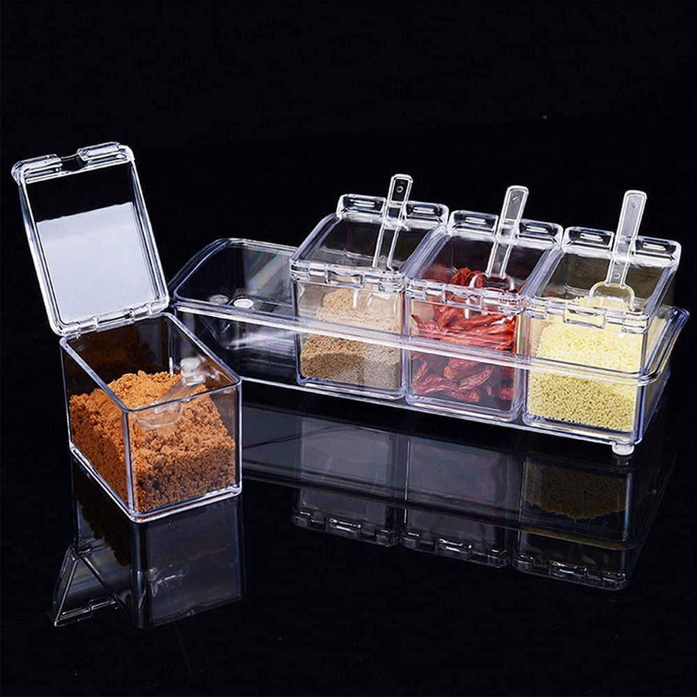 4 in 1 Condimento Box, Cucina Scatola di Spezie, Barattoli in Plastica per Speziecon, Barattoli per Spezie da Cucina, con Coperchio e Cucchiaio, per Conservare Sale, Pepe, Zucchero, Zucchero, Spezie