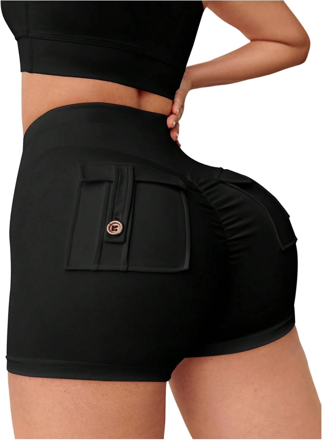 OYOANGLE Women’s Workout Shorts High Waisted Scrunch Butt Seamless Athletic Yoga Gym Biker Shorts with Cargo Pockets
