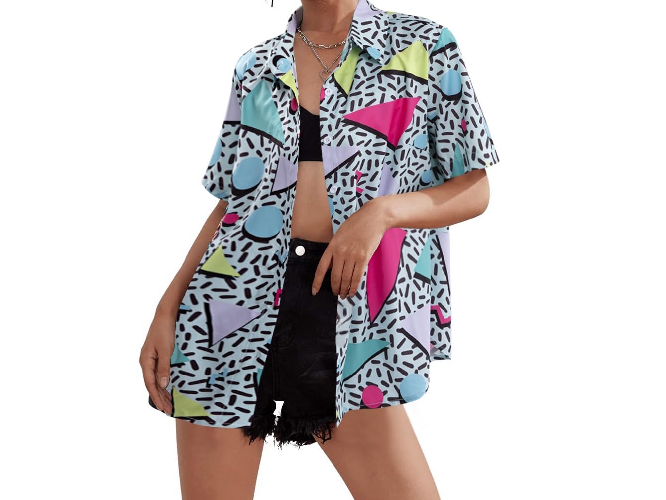 Atuendo de los años 80 y 90 para mujer, estilo retro de los años 80 y 90, camisa de discoteca, camisa hawaiana con botones, blusa de manga corta con botones, Verde claro, M