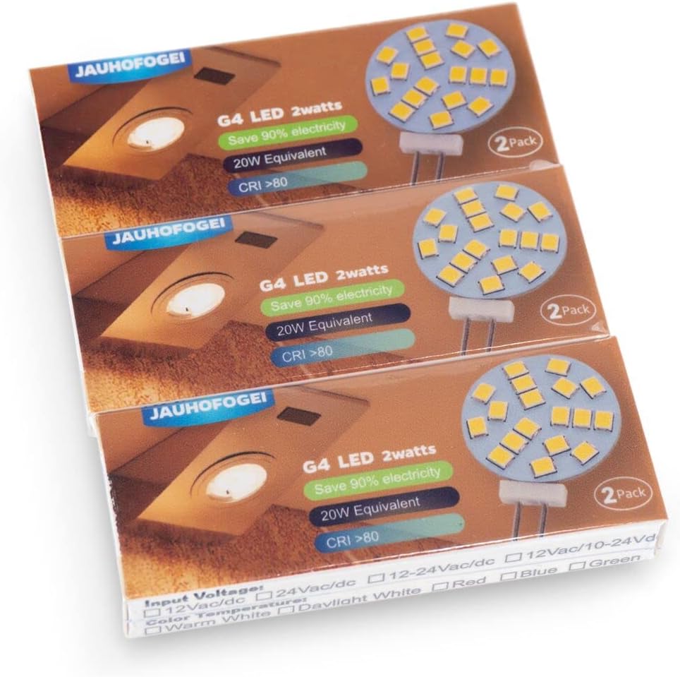 G4 LED Bulb Daylight White 6000K 2W - 20 Watt Halogen JC Bulb Replacement G4 Bi Pin Bulb - LED Appliance Bulb Range Hood 20W 12V G 4 Base T3 - 12 Volt ac/dc Under Cabinet Puck Light Bulbs - 6 Pack