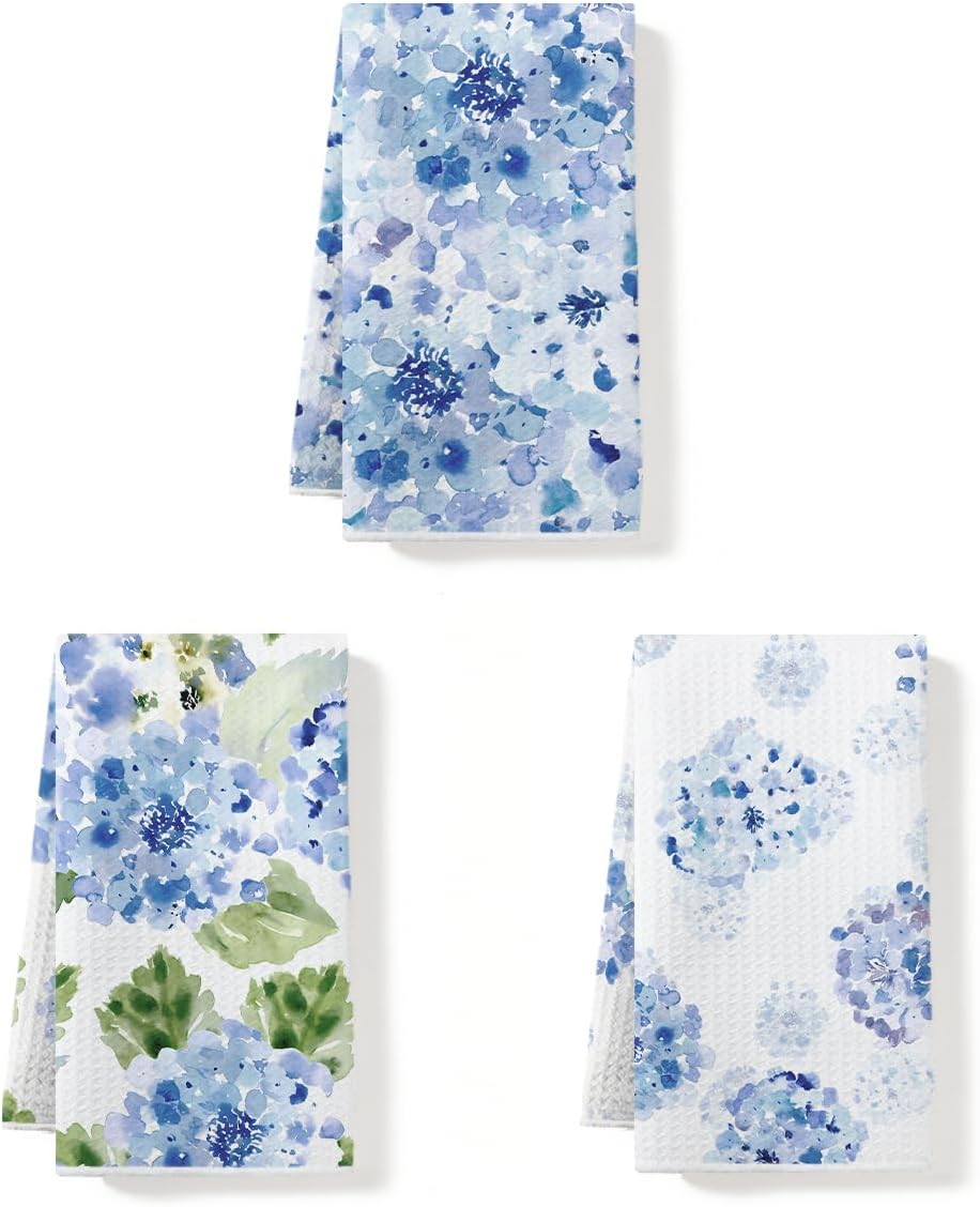 3Pcs Blue Hydrangea Kitchen Towels Waffle Soft Dish Cloth Tea Towel