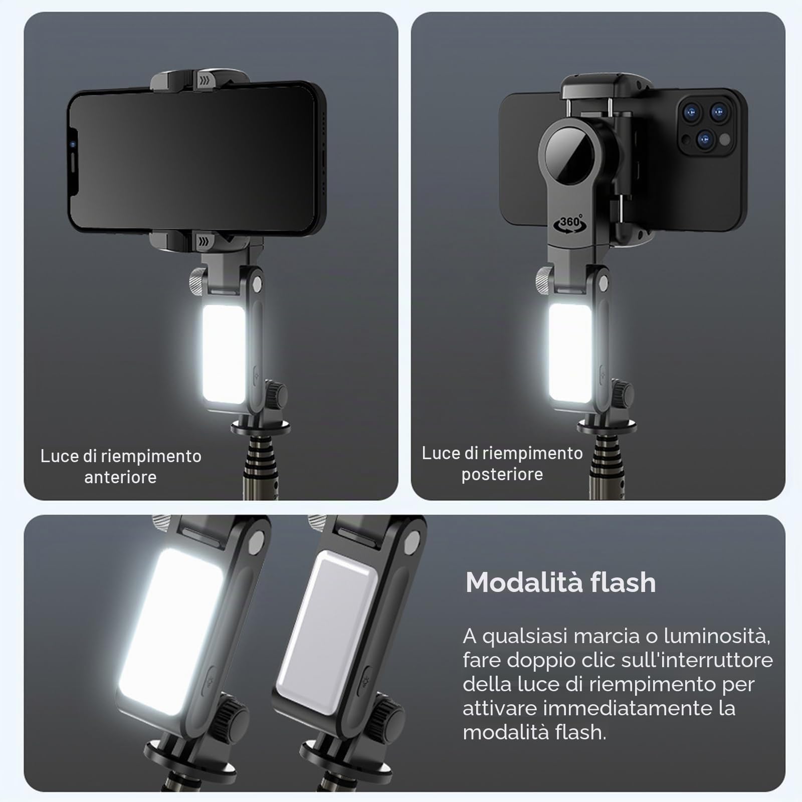 Gimbal Stabilizzatore per Smartphone Rotazione 360° Bastoni Selfie Desktop Treppiede, Luce Riempimento Telecomando Wireless Tracciamento Intelligente Compatibile con Android iPhone