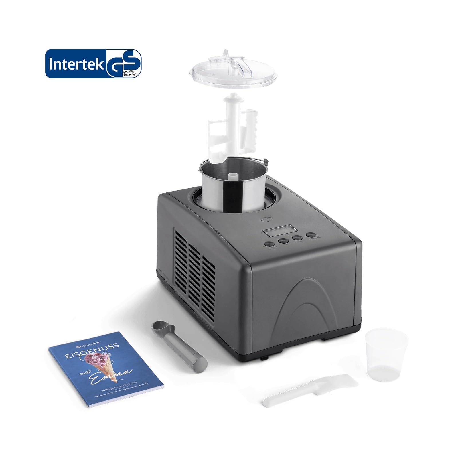 SPRINGLANE Eismaschine Emma 1,5 L mit selbstkühlendem Kompressor 150 W, aus Edelstahl mit entnehmbarem Eisbehälter, inkl. Rezeptheft (Anthrazit, Eismaschine + 2 Aufbewahrungsbehälter Grau)