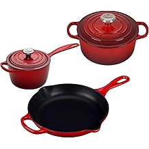 Le Creuset 5 Piece Enameled Cast-Iron SS Knob Condo Cookware Set Cerise