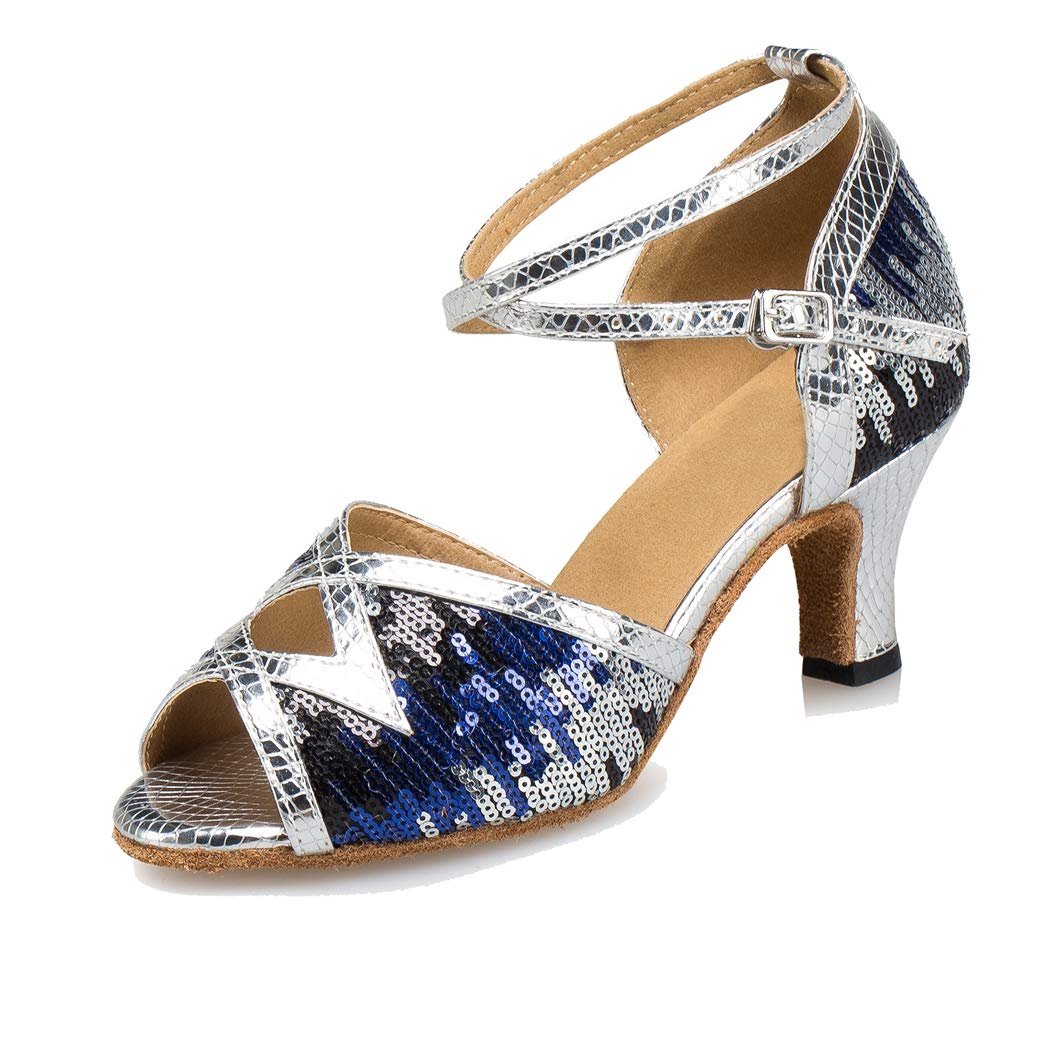MGM-Joymod Women's Peep Toe Cut-Out Snakeskin Synthetic Sequins Tango Latin Dance Shoes Wedding Party Sandals/Silver 8.5 M US