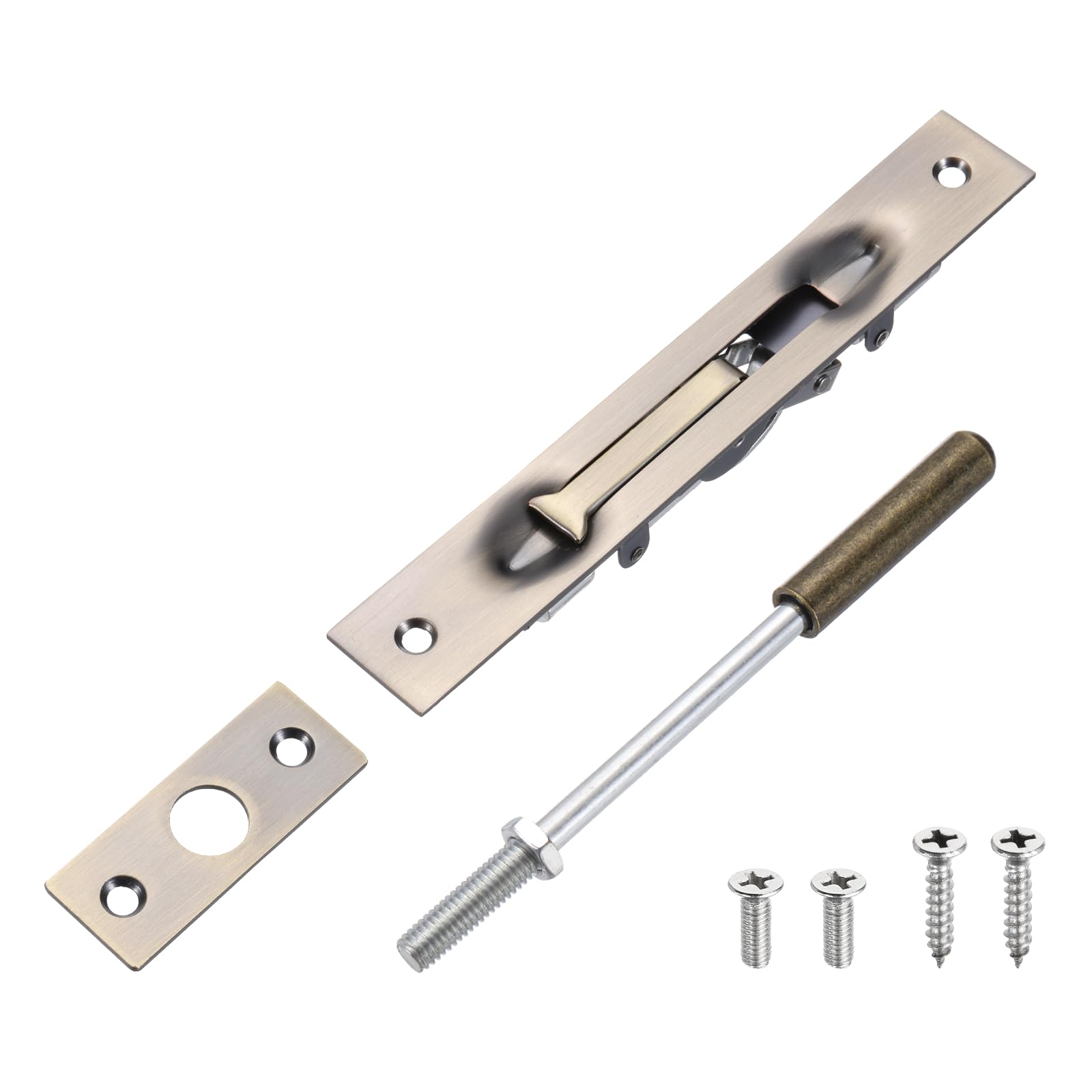 sourcing map 1 Pack Extension Flush Bolt with Rod, 6 Inch Stainless Steel Door Flush Bolt Latch Concealed Security Door Lock for Double French Doors, Composite, Wood Doors, Bronze