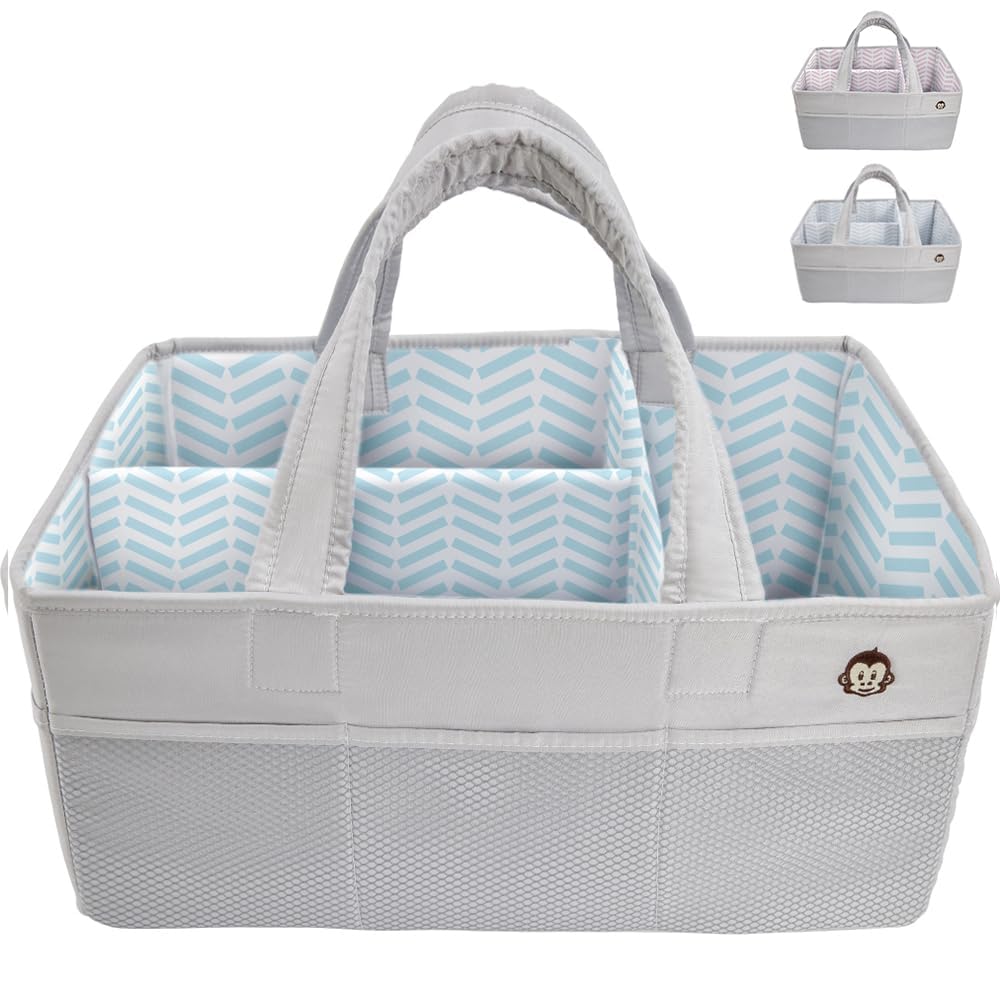 MIGHTY MONKEYLarge Stain Resistant Baby Diaper Caddy Organizer, Adjustable Storage Bin Compartments Mesh Pockets Diapers Baby Wipes, Newborn Caddies with Handle Nursery Changing Essentials, Gray Blue