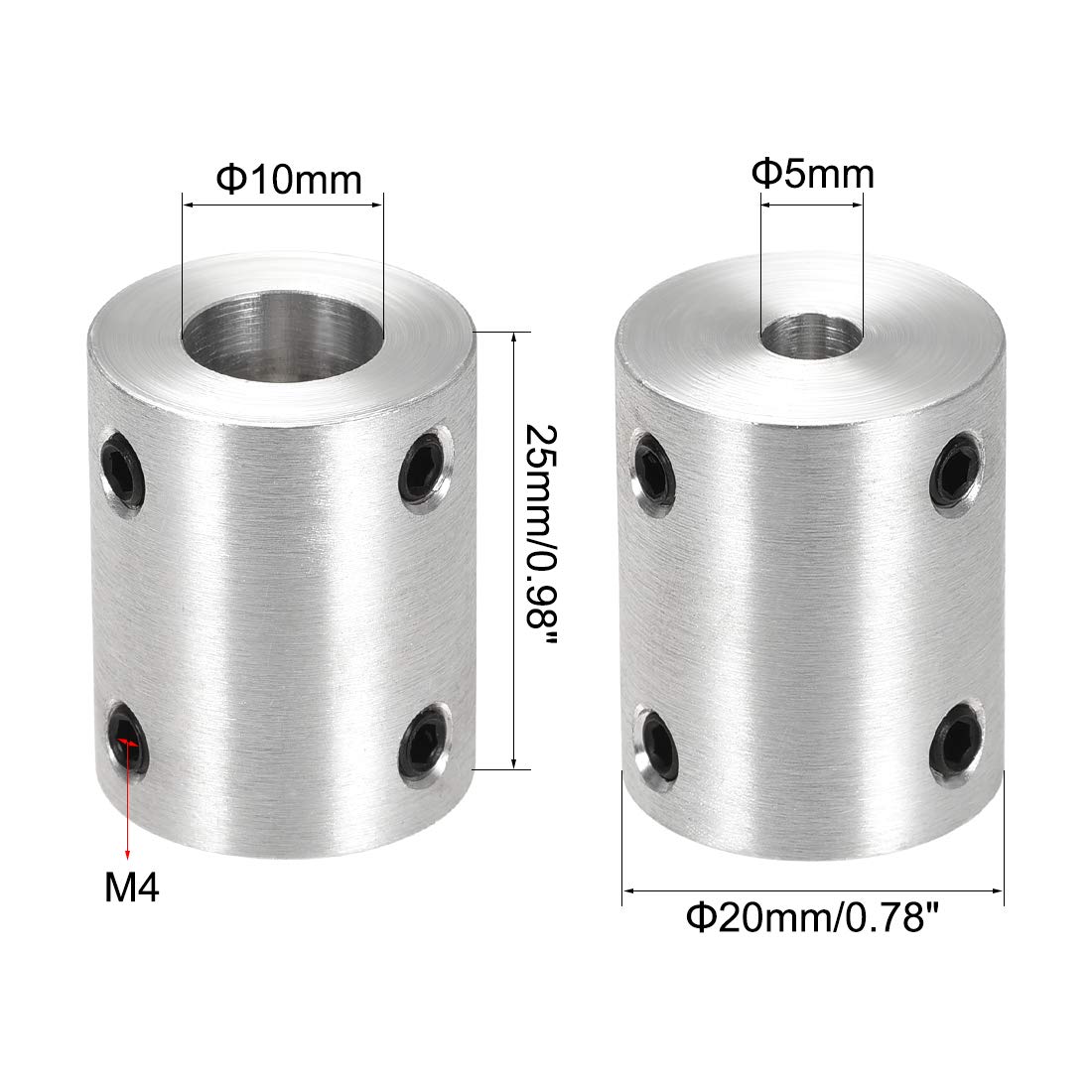 sourcing map Acoplamiento Rígido de Eje de 5mm a 10mm, Acoplador 25mm Longitud 20mm Diámetro con Tornillos, Conector de Aleación de Aluminio, Accesorios para Motor, 4 Pcs