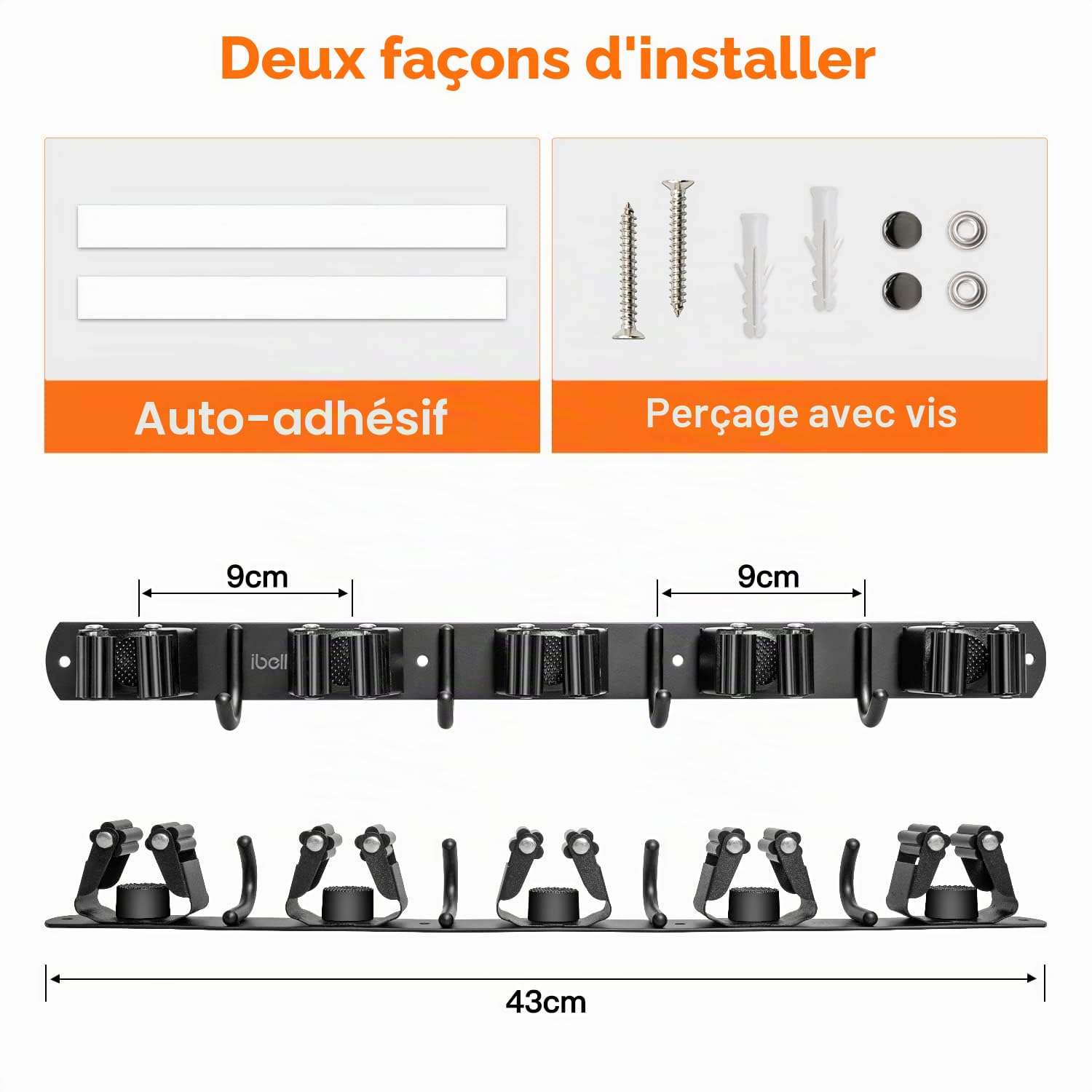 ibell 2 Pièces Accroche Balai Mural, Porte Balai Mural en Acier Inoxydable avec 10 Emplacements et 8 Crochets, Support Cintre de Rangement pour Cuisine Jardin Garage