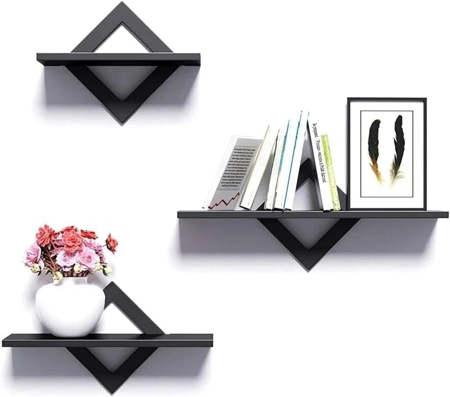 HOMION Modern Floating Wall Shelves Set of 3 Geometric Design Rhombic Shelf Triangle Bracket Mount Storage Organiser Rack For Kitchen Bedroom Living Room Children’s Room, Home Office (Black)