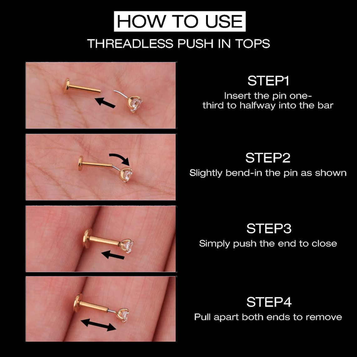 Melighting 16G/18G Threadless Push In Labret Studs Helix Piercing Jewellery Gold Helix Earrings Cartilage Front Helix Piercings Tragus, Conch, Lobe Earrings