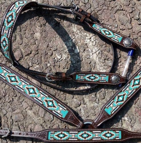 Showman 3 Piece Argentina Cow Leather Headstall & Breast Collar Set W/Teal Navajo Beaded Inlays! New Horse Tack! #TOP2