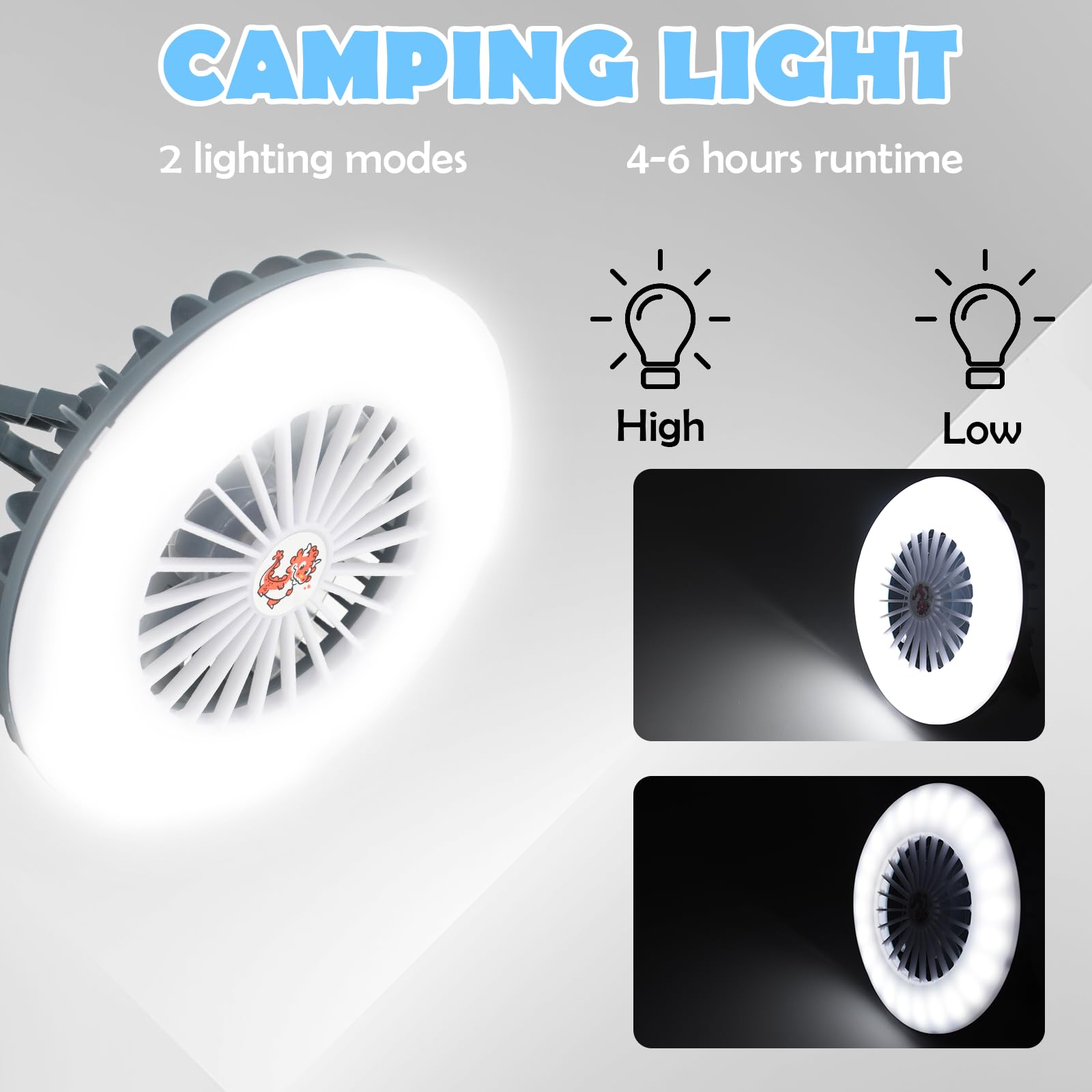 LED Campinglampe mit Ventilator USB Aufladbar, Zeltlampe Tragbar Campingleuchte con gancio e supporto, Notfallleuchte Camping Licht, Zeltventilator mit Aufhängehaken for Stromausfall, Angeln