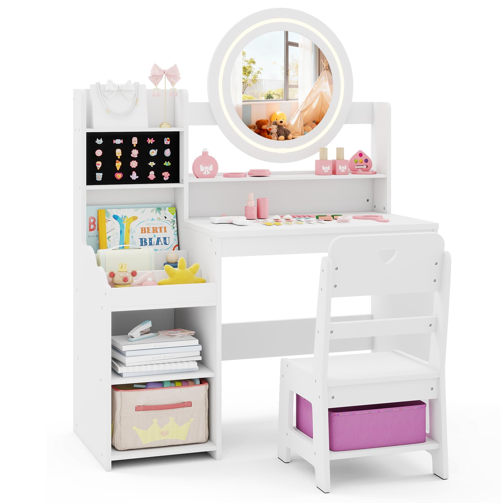 HONEY JOY Kids Vanity with Lights, Wooden Princess Makeup Dressing Vanity Desk with Jewelry Storage, Open Shelves, 2 in 1 Toddler Vanity Table &amp; Chair Set with Lighted Mirror for Little Girls(White)