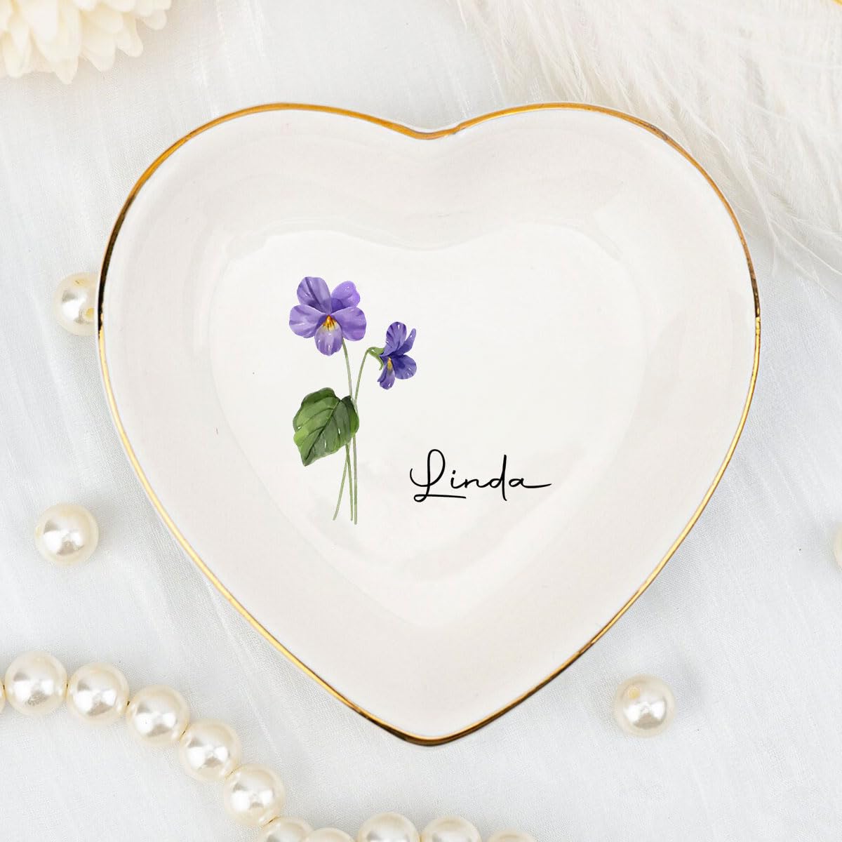 Wrappiness Jewelry Tray Dish Personalized Heart Shaped - Ring Dish Decorative Trinket Plate Birth Month Flower - Gifts for Her Mom Daughter Sister