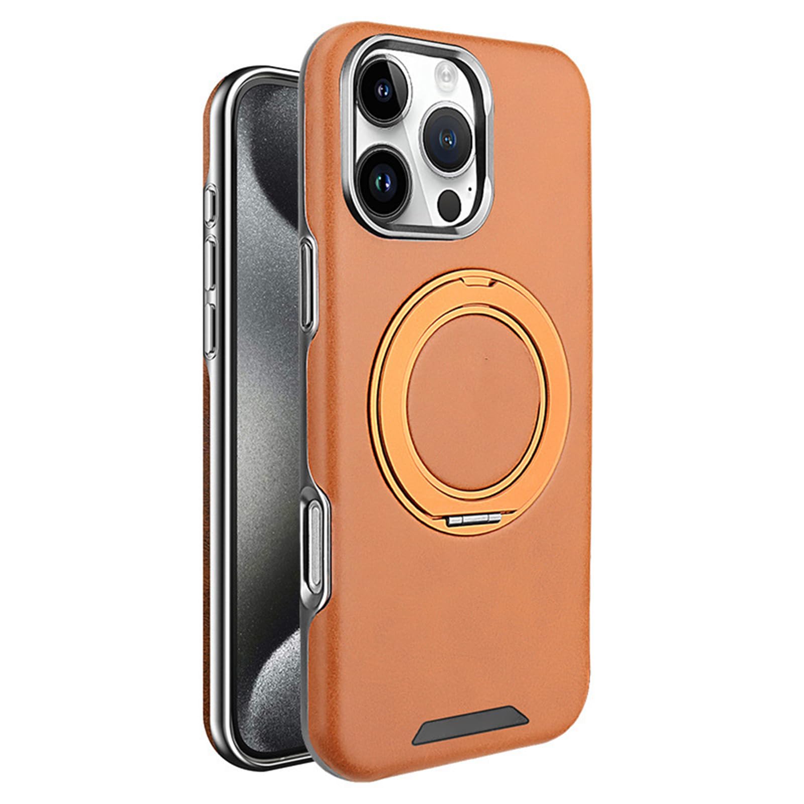 Orange,16 Pro, Handyhülle Leder Für iPhone 16 Pro Max/16 Pro/16 Plus/16, Magnetisch Ring Ständer Drahtloses Aufladen Hülle Anti-Fingerabdruck