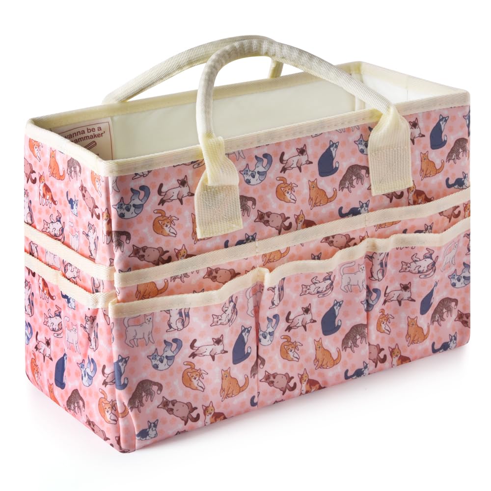 Craft Organizer Tote Bag Art Storage Caddy with Multiple Pockets Storage Containers for Art,Craft,and Office Supplies Storage Pink Funny Cat