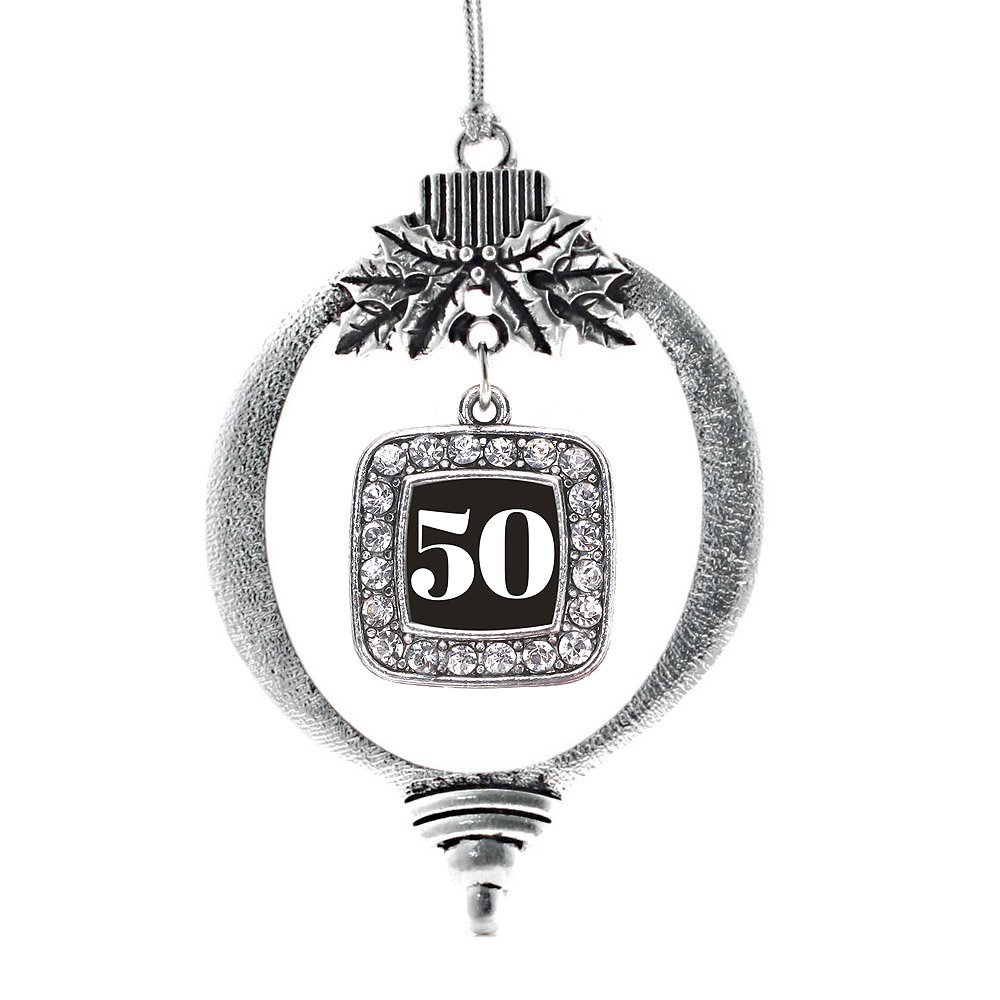 Inspired Silver - Sport Number 50 - Silver Christmas Ornament - Square Charm Christmas Tree Ornament with Cubic Zirconia - Holiday Hanging Decoration