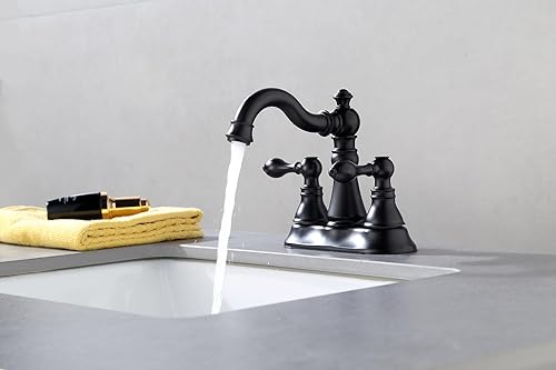 Miniatura 8 de Grifo de baño de dos manijas negro mate de 3 agujeros con montaje de drenaje desplegable, grifo de lavabo clásico de 4 pulgadas con boquilla