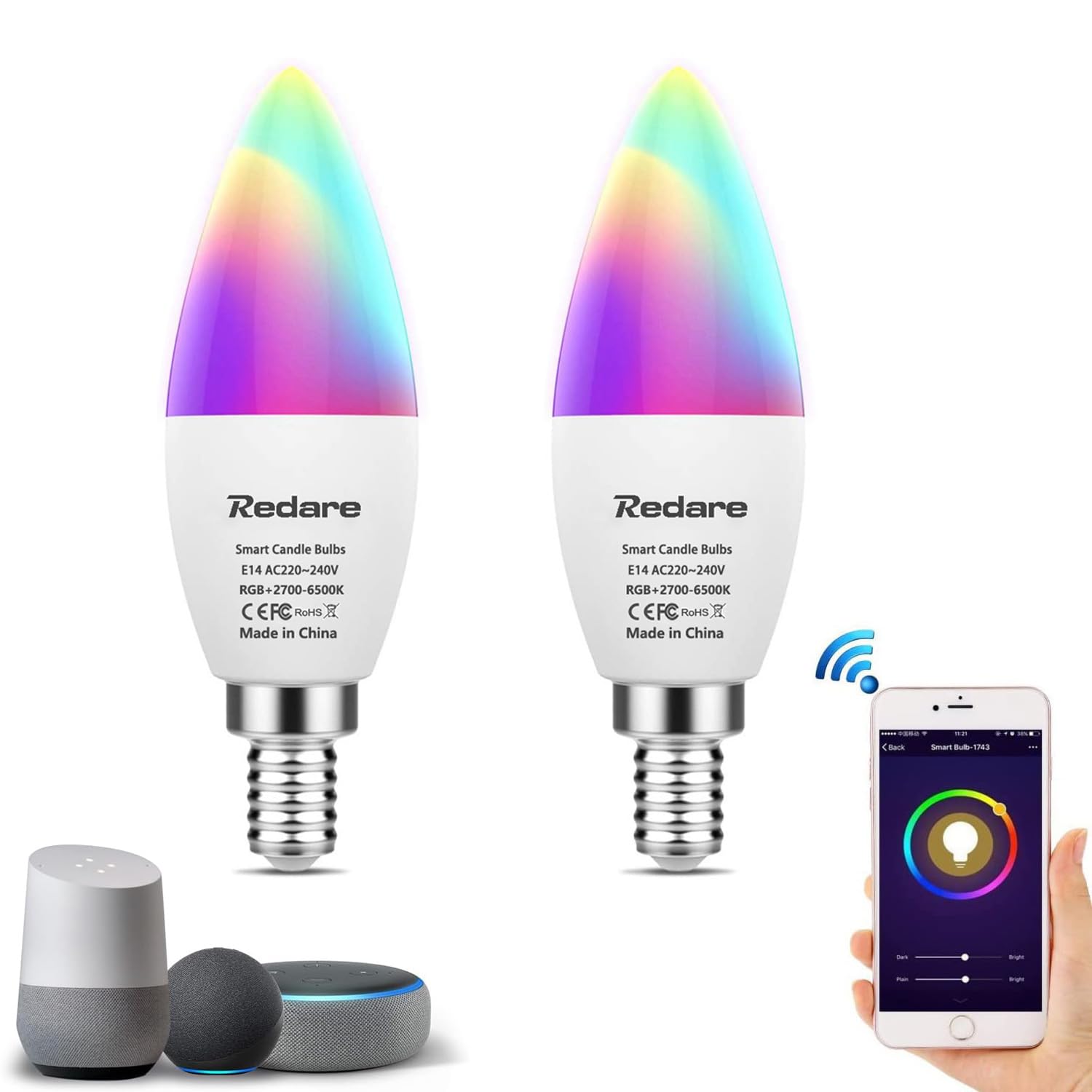 Alexa E14 Smart Candle Bulbs,لمبة ذكية,C37 Dimmable WiFi Smart Bulbs,500Lm,5W Replace 60 Watt,White+RGBCW Colour Changing LED RGB Light Bulb Work with alexa,Google Home (AC220~240V 2 Pack)