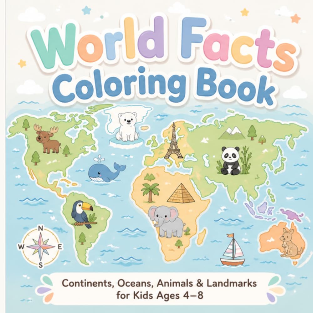 World Facts Coloring Book: Continents, Oceans, Animals & Landmarks for Kids Ages 4-8 (Learn & Fun Coloring Book Series)