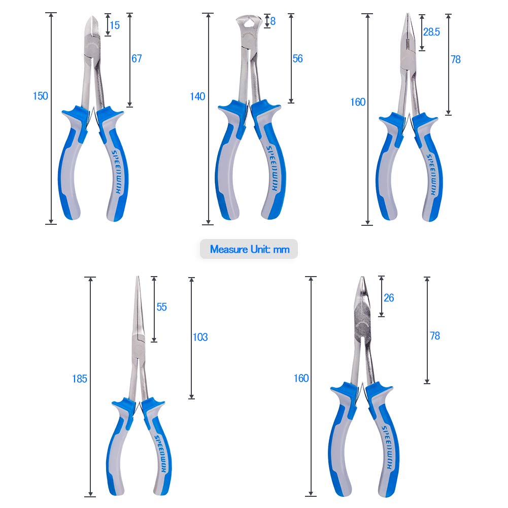 SPEEDWOX Endzange, Drahtschneider, Zangen-Set, professionelles 5-teiliges Nadelzangen-Set mit Tasche, Mini-Drahtschneidezange, lange Nase, diagonale gebogene Nasenzange, Arbeitswerkzeuge