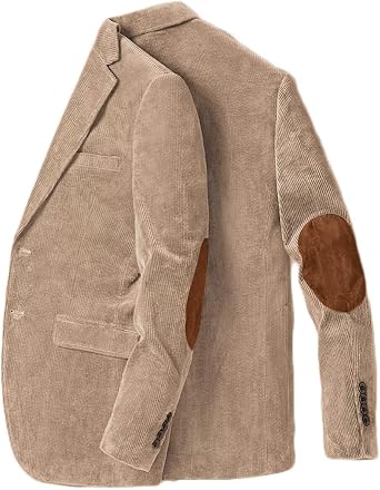 Mens Corduroy Casual Blazer Notched Lapel Sport Coats Elbow Patch Fashion Christmas Jacket Coat Dusty Champagne 4XL