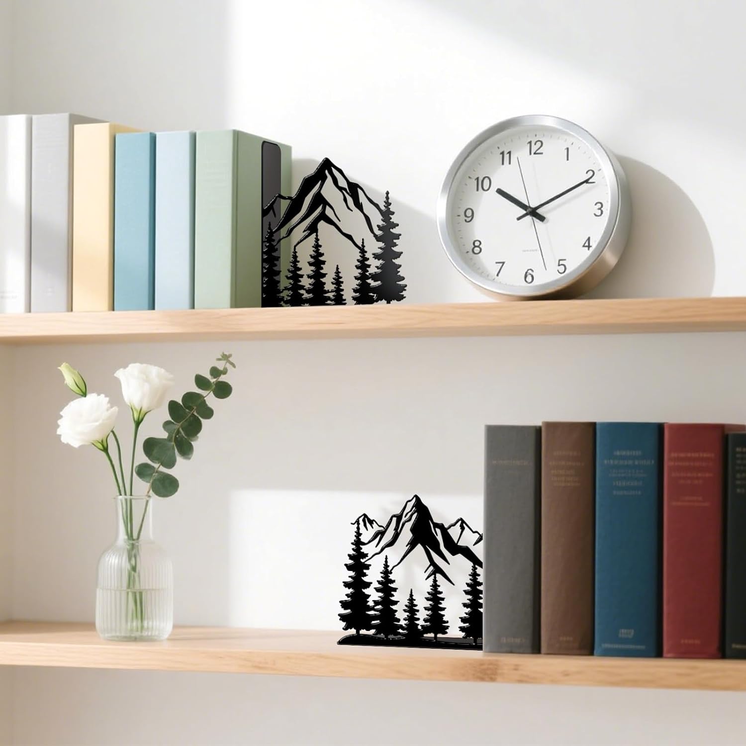 Metal Bookends Mountain Bookends Decorative Modern Book Ends for Shelves Bookshelf Home Office Desk Decorative Shelf Stoppers for Books Space-Saving Desk Organizer