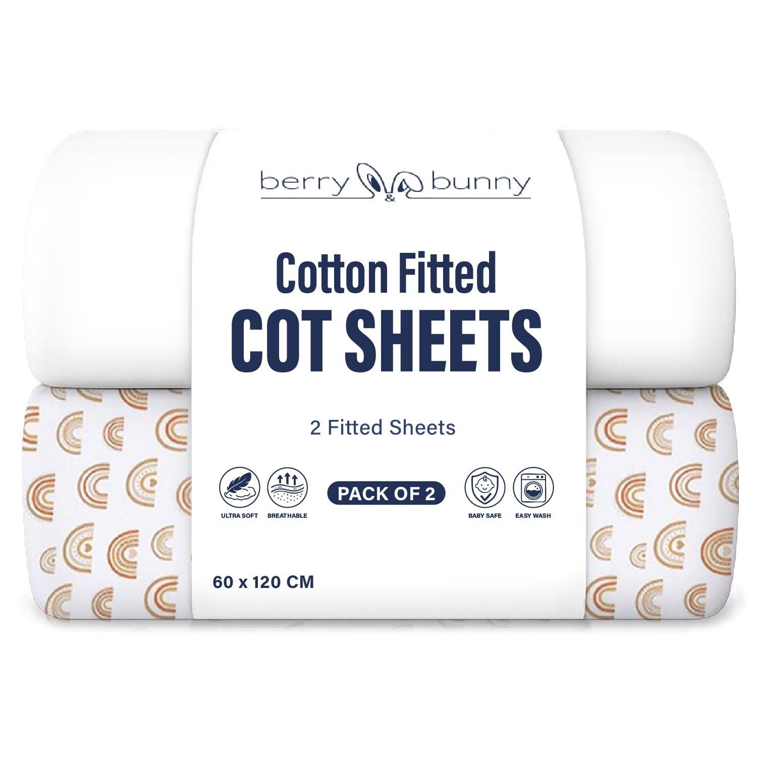 Berry & Bunny Men's White, Rainbow Berry And Bunny 100% Cotton Cot Bed Sheets Pack Of 2, Soft Breathable Baby Cot Sheets 120X60 Fitted, Elasticated Deep Fit Mattress Protector Cover, Baby Bedding All Seasons