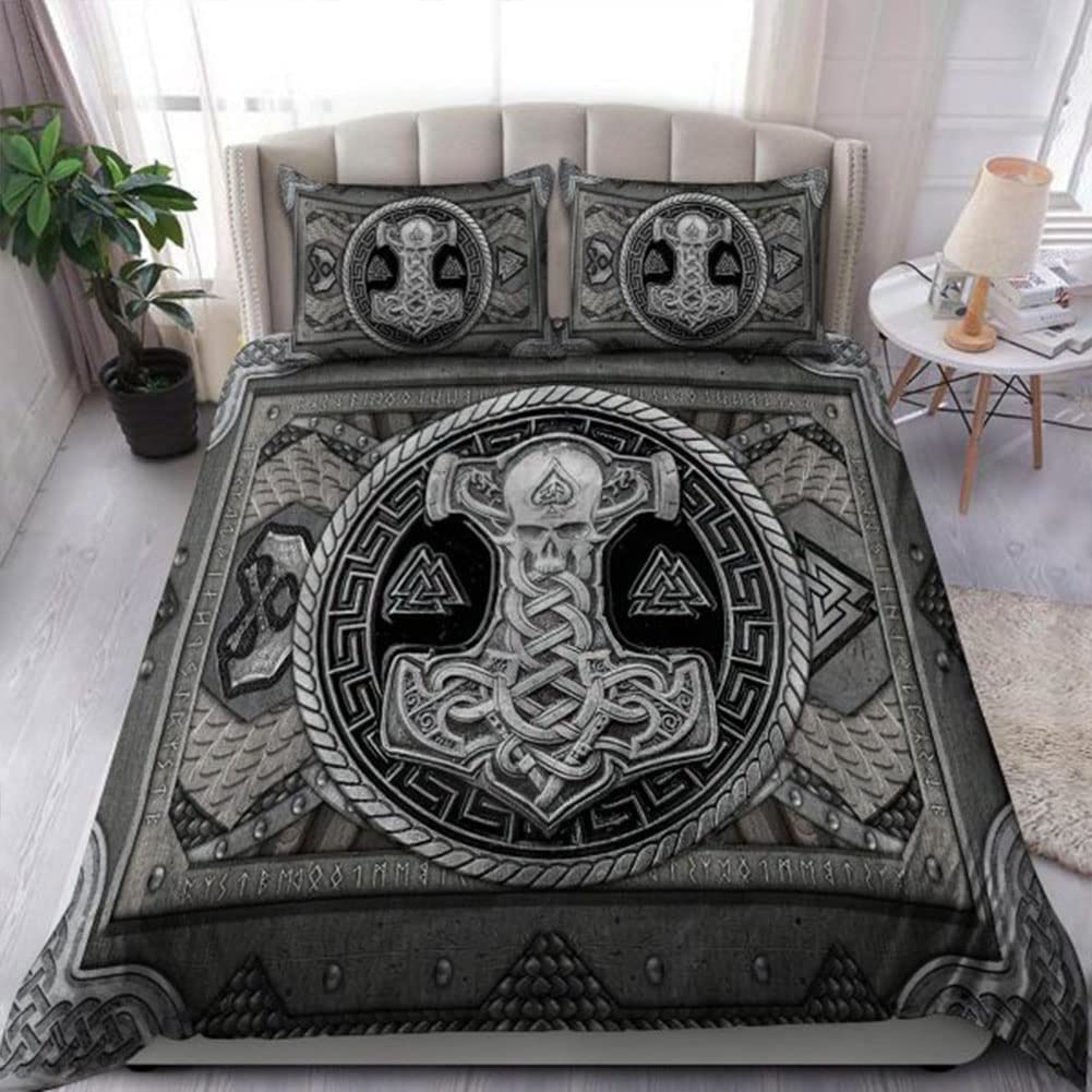 Bettwäsche 200x200cm Wikinger Bettbezug Set 3 Teilig Thors Hammer Wikinger Weiche Microfaser 3D Motiv Luxus Modern Bettdeckenbezug mit Reißverschluss und 2 Kissenbezüge 80x80cm Küche, Haushalt & Wohnen
