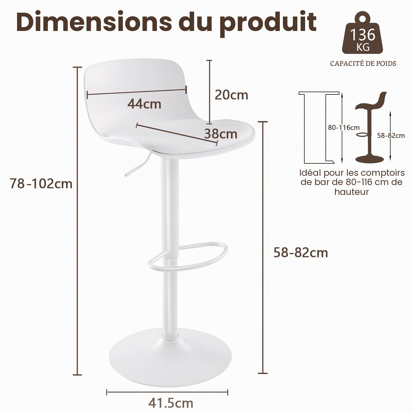 Kidol & Shellder Lot de 2 tabourets de Bar réglables en Hauteur et pivotants avec Dossier et Repose-Pieds – Chaises de Bar en PU Cuir rembourré, Style Moderne Industriel, Blanc, pour Cuisine