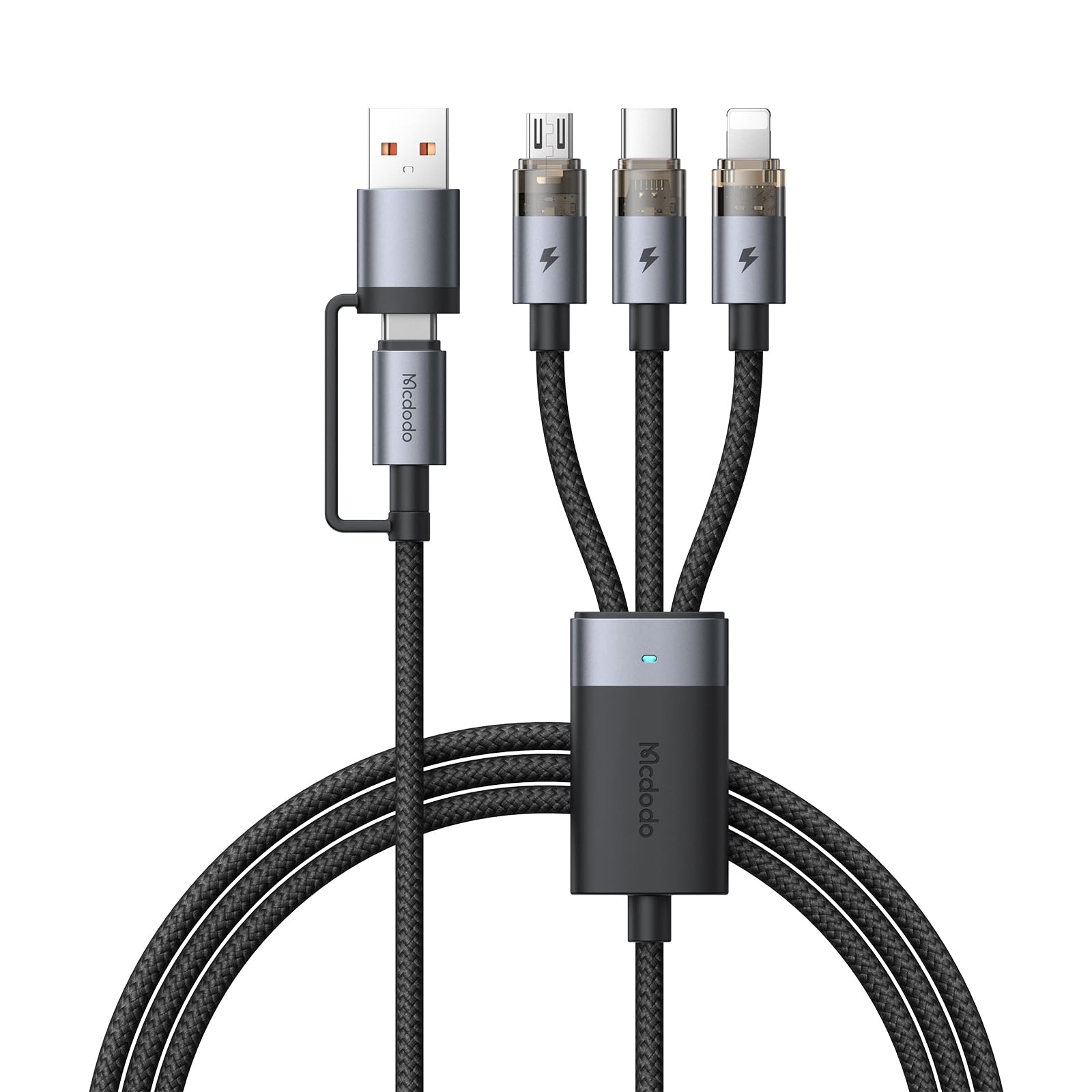 Mcdodo 100W 2イン3 急速充電ケーブル USB-A & USB-C to USB-C/light-ning/Micro USBケーブル PD 100W(CtoC) 36W(CtoL) 等規格対応 MacBook iPad iPhone 17/16/15/14 Galaxy Android スマホ ノートPC その他対応 LEDライト搭載 透明デザイン 1本６役 充電コード 1.2m