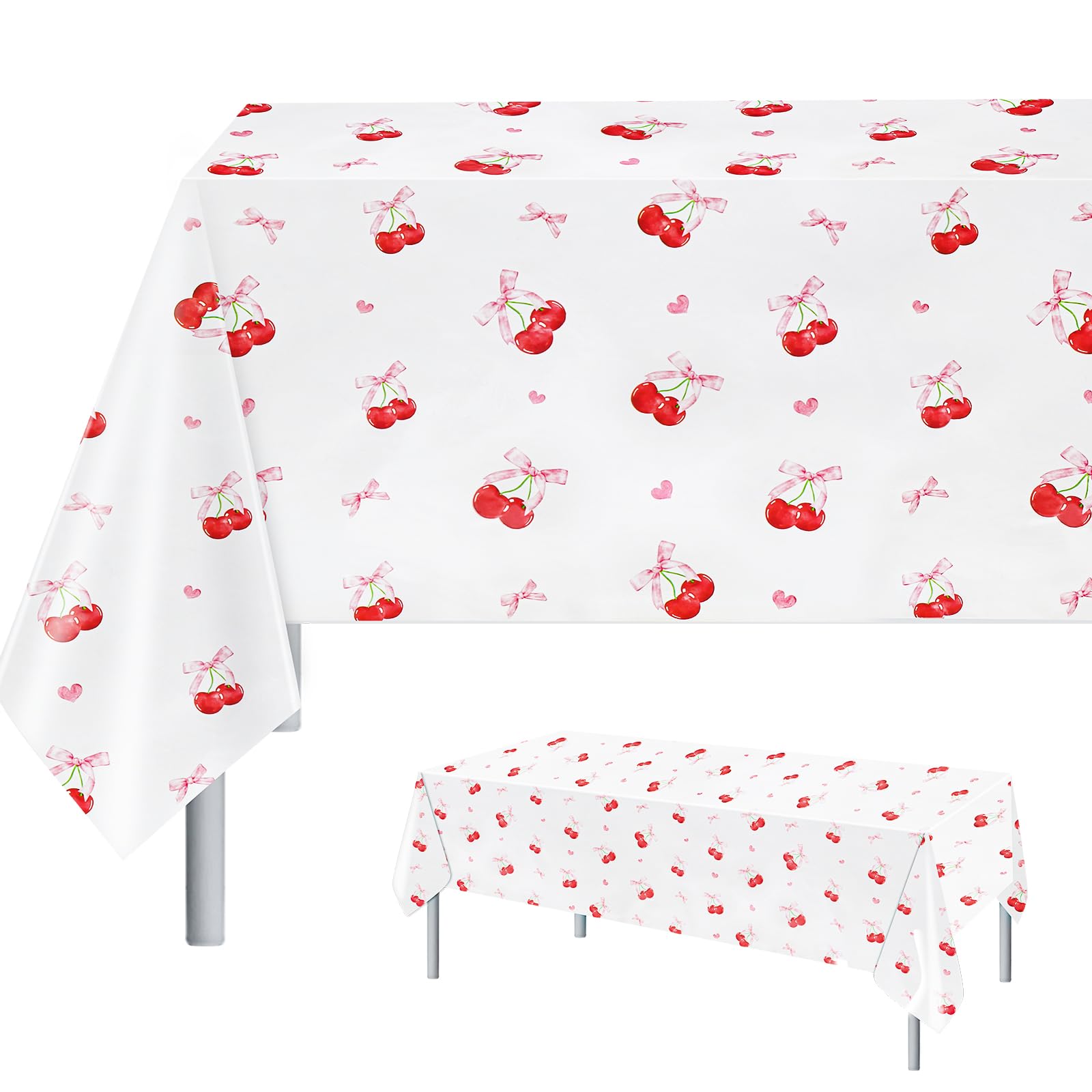 PHOGARY Cherry Birthday Decorations Table Cloth 1 Pack, Pink Party Decorations Rectangular Plastic Bow Table Cover for Girls Cherry Bow Themed Birthday Party Baby Shower, 137cmx274cm