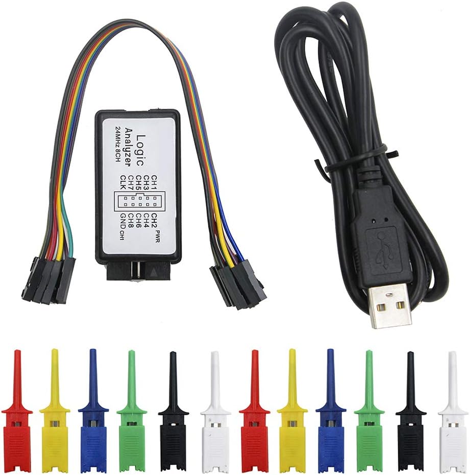 KeeYees USB Logic Analyzer Device with 12PCS 6 Colors Test Hook Clip Set USB Cable 24MHz 8CH 8 Channel UART IIC SPI Debug for Arduino FPGA M100 SCM