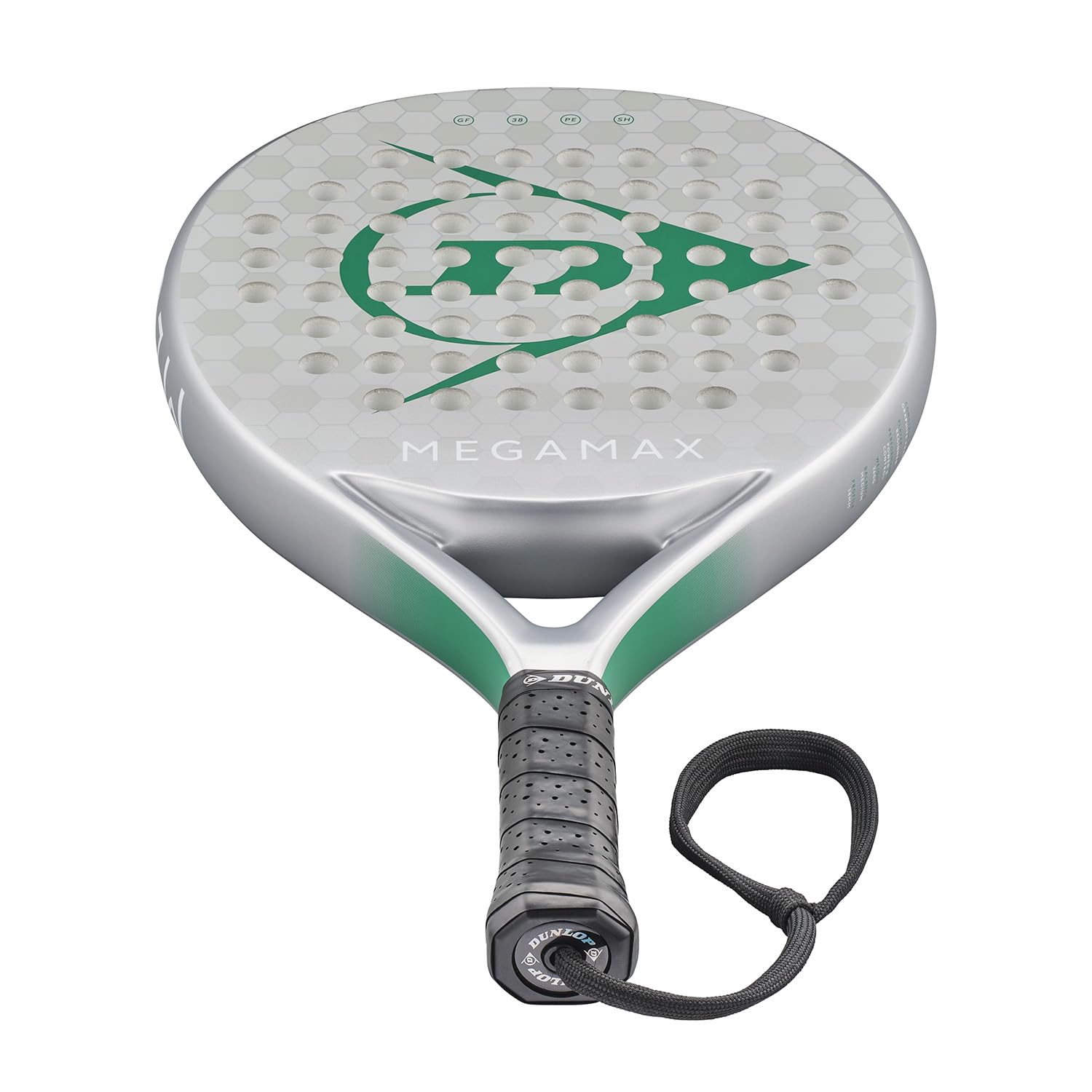 DUNLOP Racchetta da Padel Megamax Argento/Nero/Verde – Forma Rotonda, Telaio in Grafite – Bilanciamento Medio, Nucleo Pro EVA – Per Principianti