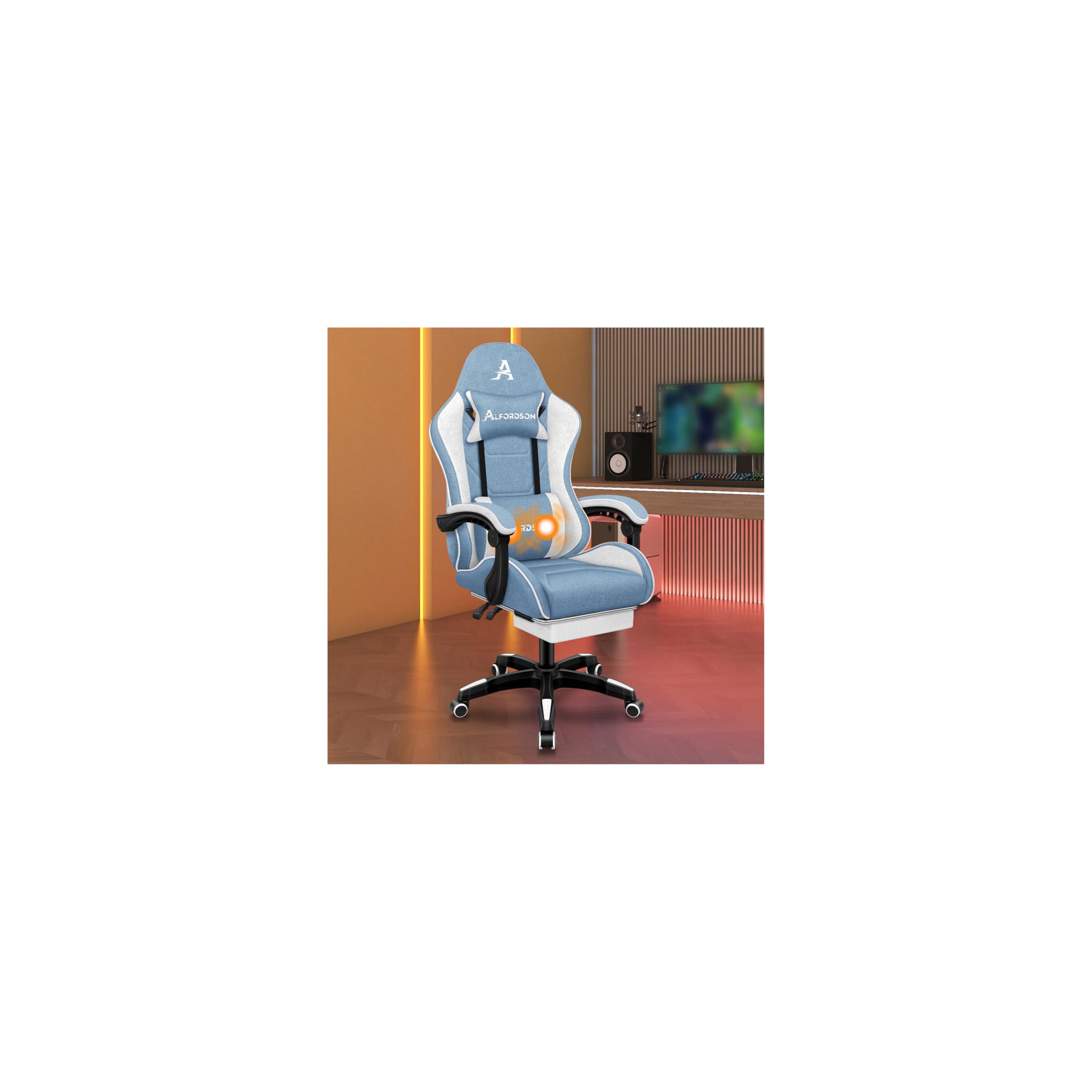 ALFORDSON Silla Gaming de Masaje, Silla de Oficina con reposapiés, Silla Gaming de Carreras, Capacidad de 180 kg, Respaldo Ajustable de 90-150°, Silla ergonómica para PC, Tela, Azul y Blanco