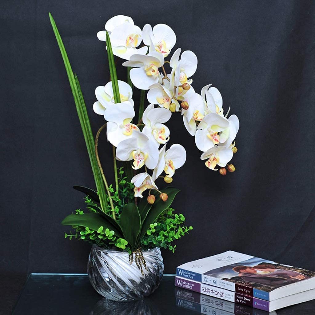 XDLEDMKIZ Artificial Flower Set, Phalaenopsis Orchid Artificial Flower Arrangement,Faux Pu Orchids With Glass Vase,Wedding Party Dining Table Centerpiece Decor Beautiful Artif
