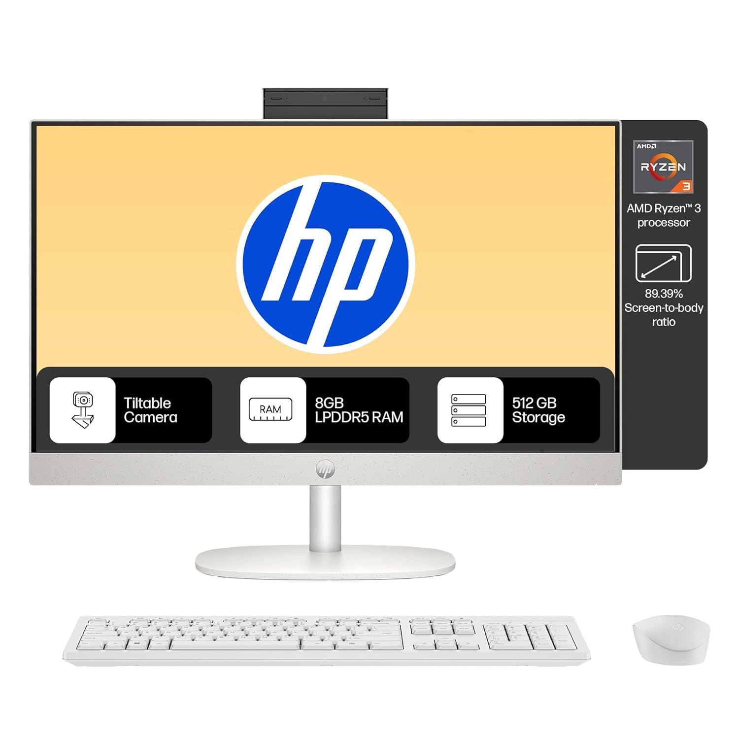 HP AIO 24, AMD Ryzen 3 7320U,8GB LPDDR5, 512GB SSD (Win11,Office24) Anti-Glare, FHD, 23.8inch(60.5 cm), 510SP White Wireless Keyboard and Mouse Combo,Radeon Graphics,White, 5.27kg,24-cr0014in/cr0016in