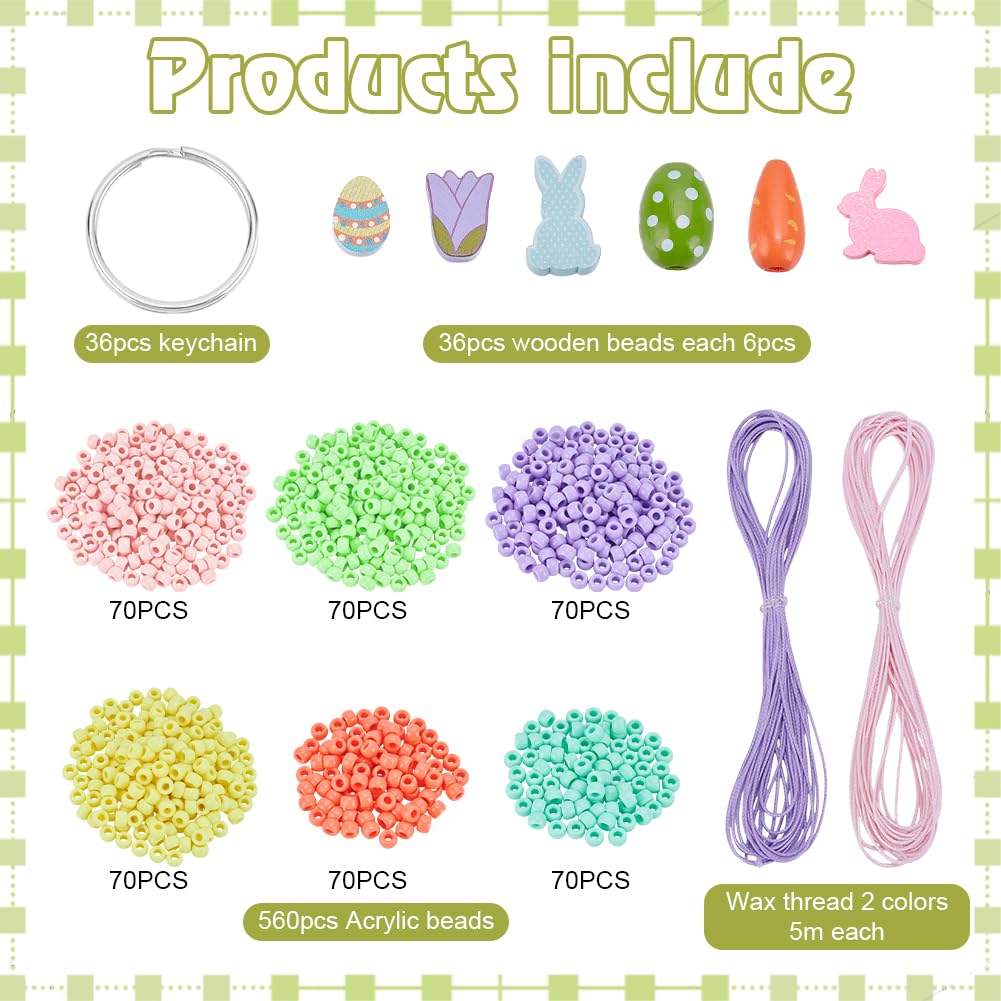 FREEBLOSS 36Set Easter Beaded Keychain Kit Keychain Making Kit Keychain Easter Charms DIY Keychain Supplies Bead Keychain Making Kit Beads for Keychain Making Charms for Keychains